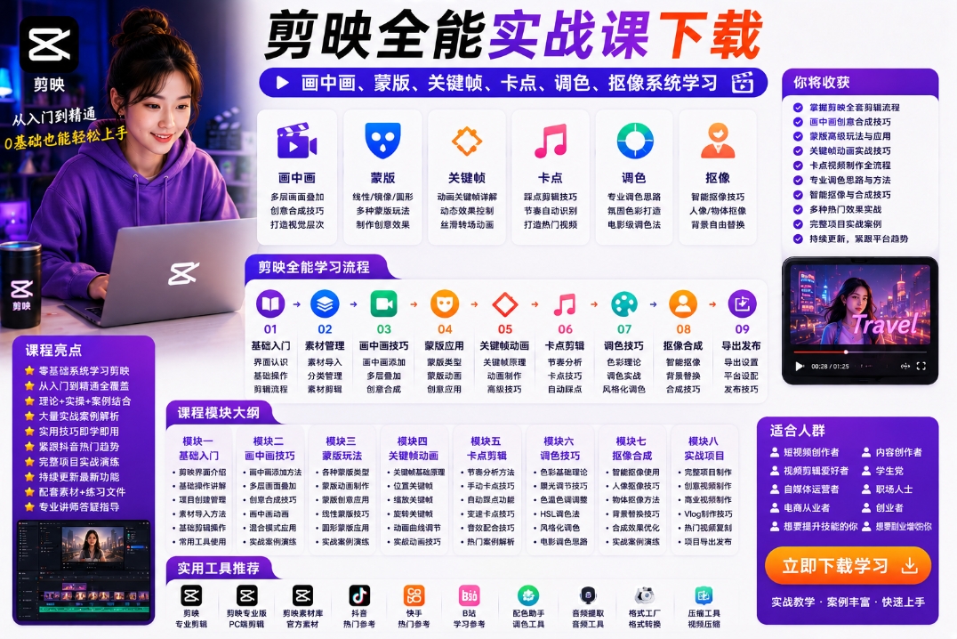 剪映全能实战课下载:画中画、蒙版、关键帧、卡点、调色、抠像系统学习 剪映全能实战课下载:画中画、蒙版、关键帧、卡点、调色、抠像系统学习