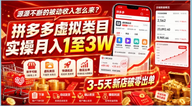 源源不断的被动收入怎么来？拼多多虚拟类目实操月入1至3W，3-5天新店破零出单