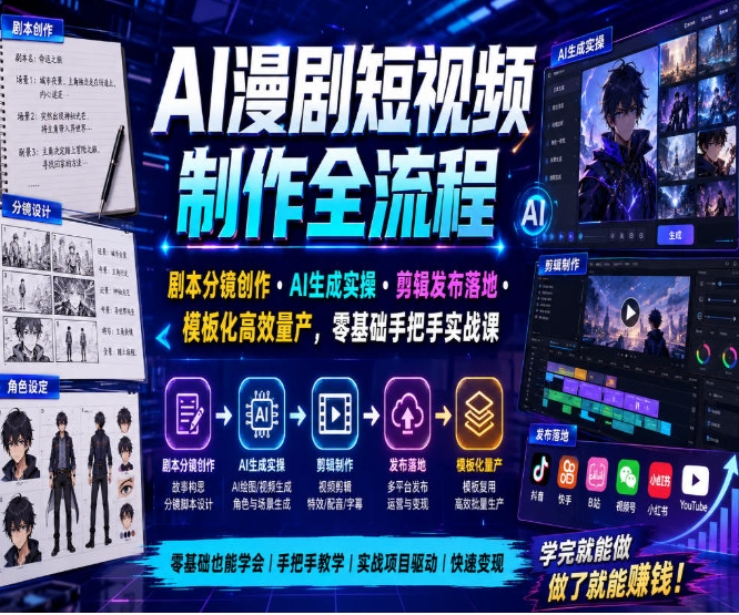 AI漫剧短视频制作全流程:剧本分镜、AI生成、剪辑发布与模板化量产实战课 AI漫剧短视频制作全流程:剧本分镜、AI生成、剪辑发布与模板化量产实战课