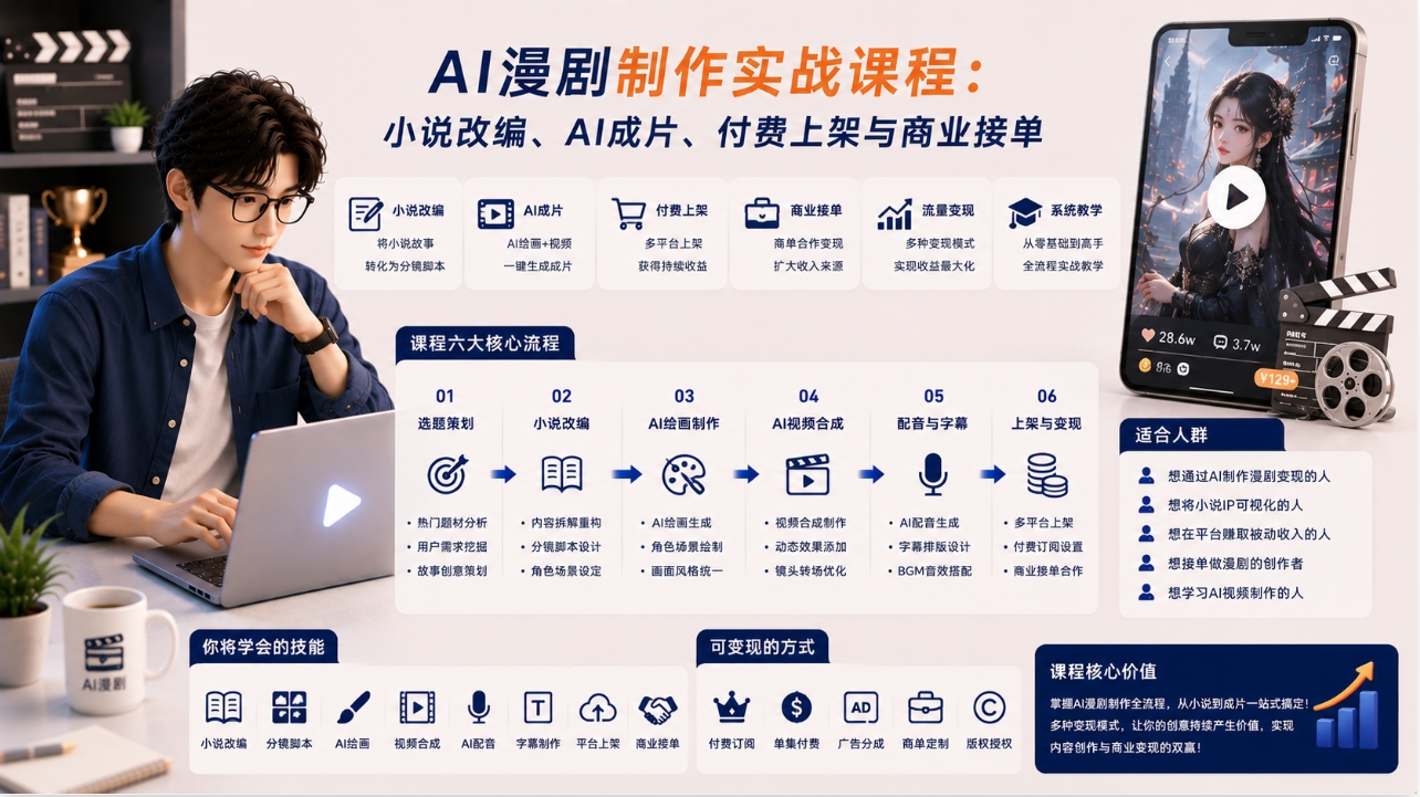 AI漫剧制作实战课程:小说改编、AI成片、付费上架与商业接单 AI漫剧制作实战课程:小说改编、AI成片、付费上架与商业接单