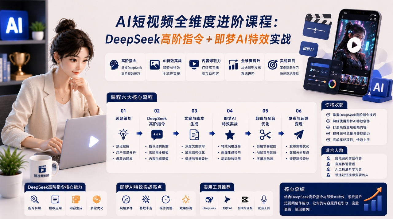 AI短视频全维度进阶课程：DeepSeek高阶指令＋即梦AI特效实战