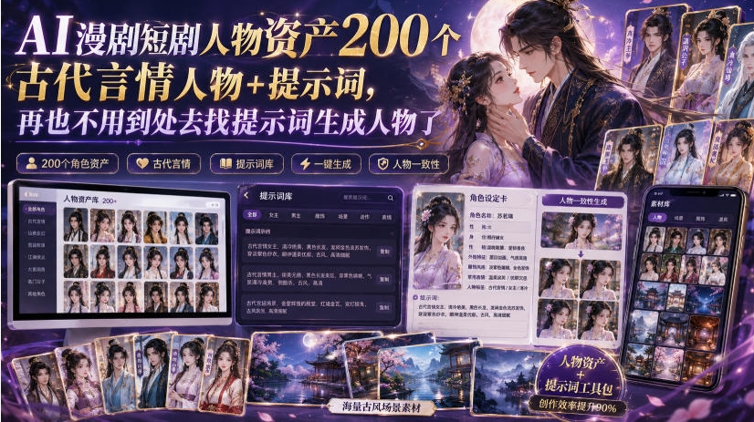 AI漫剧短剧人物资产200个古代言情人物+提示词，再也不用到处去找提示词生成人物了