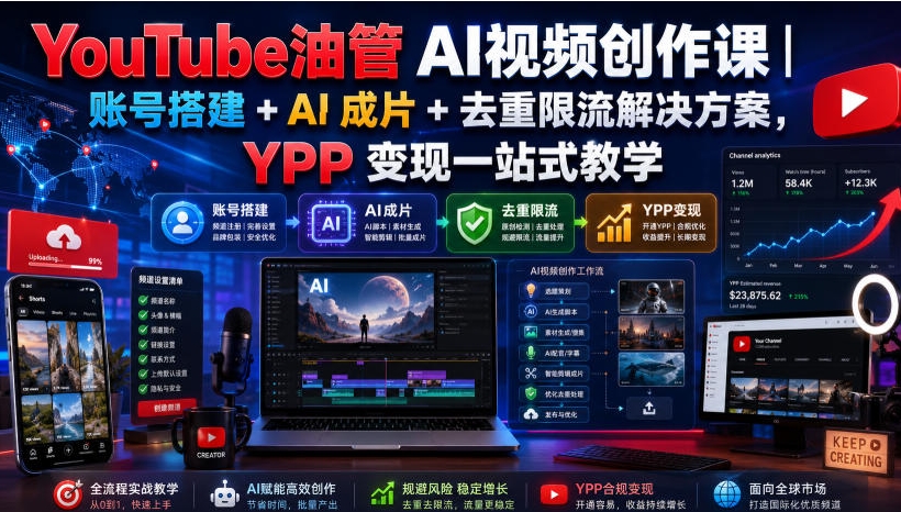 YouTube油管AI视频创作课|账号搭建+AI成片+去重限流解决方案,YPP变现一站式教学 YouTube油管AI视频创作课|账号搭建+AI成片+去重限流解决方案,YPP变现一站式教学