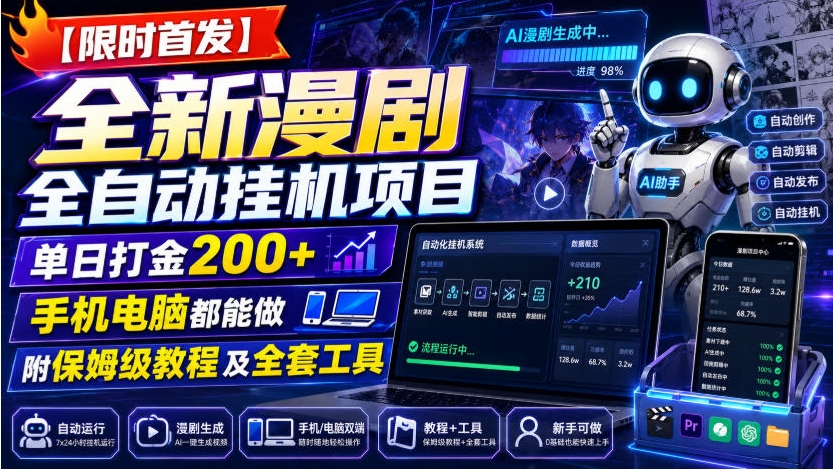 【限时首发】全新漫剧全自动挂G项目，单日打金200+，手机电脑都能做，附保姆级教程及全套工具【揭秘】