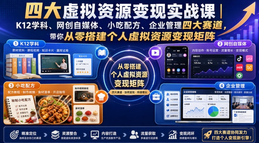 四大虚拟资源变现实战课|K12学科、网创自媒体、小吃配方、企业管理四大赛道,带你从零搭建个人虚拟资源变现矩阵 四大虚拟资源变现实战课|K12学科、网创自媒体、小吃配方、企业管理四大赛道,带你从零搭建个人虚拟资源变现矩阵